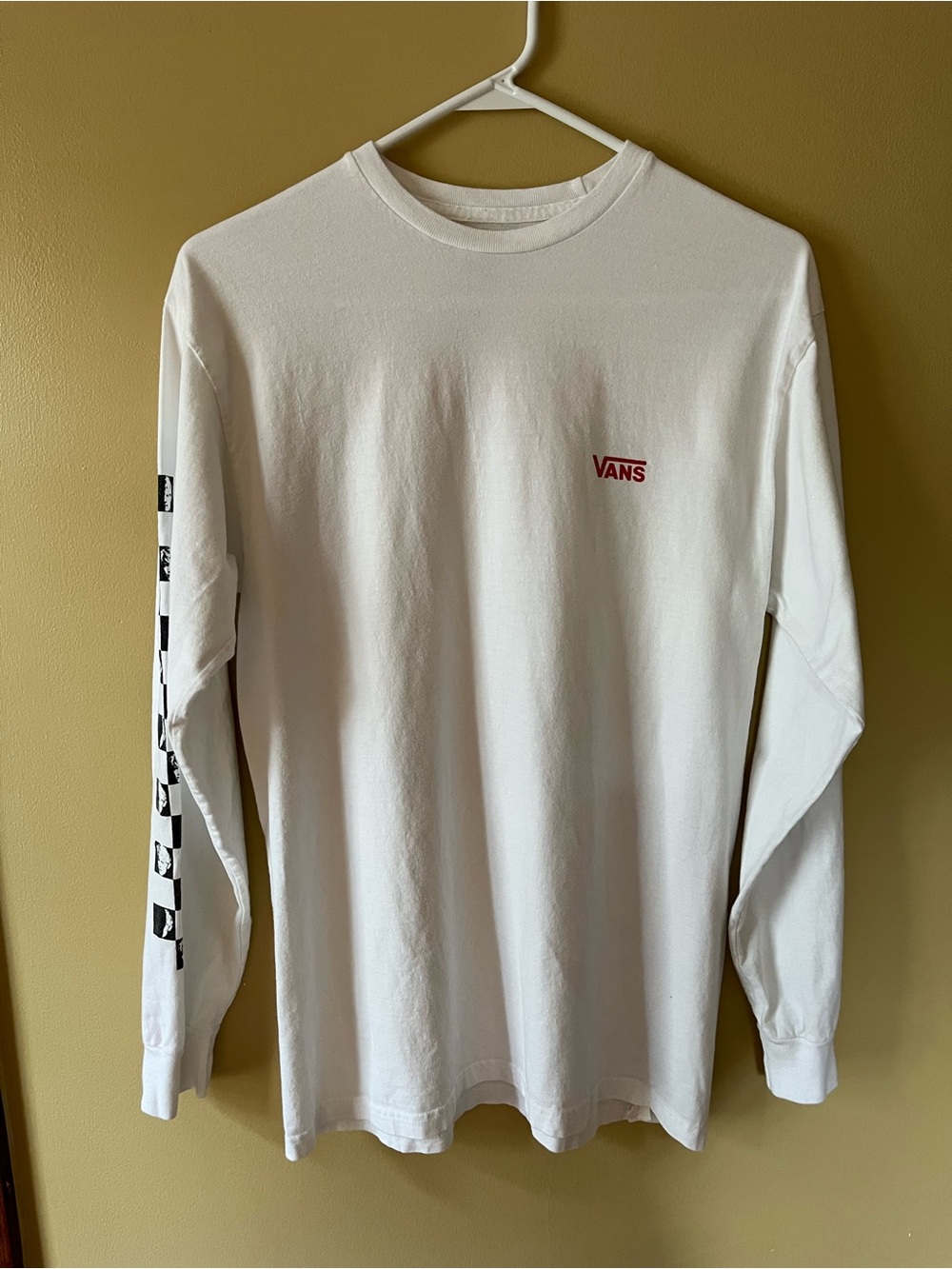 Vans David Bowie White Long-Sleeve Tee with Red Logo and Checkerboard Sleeve